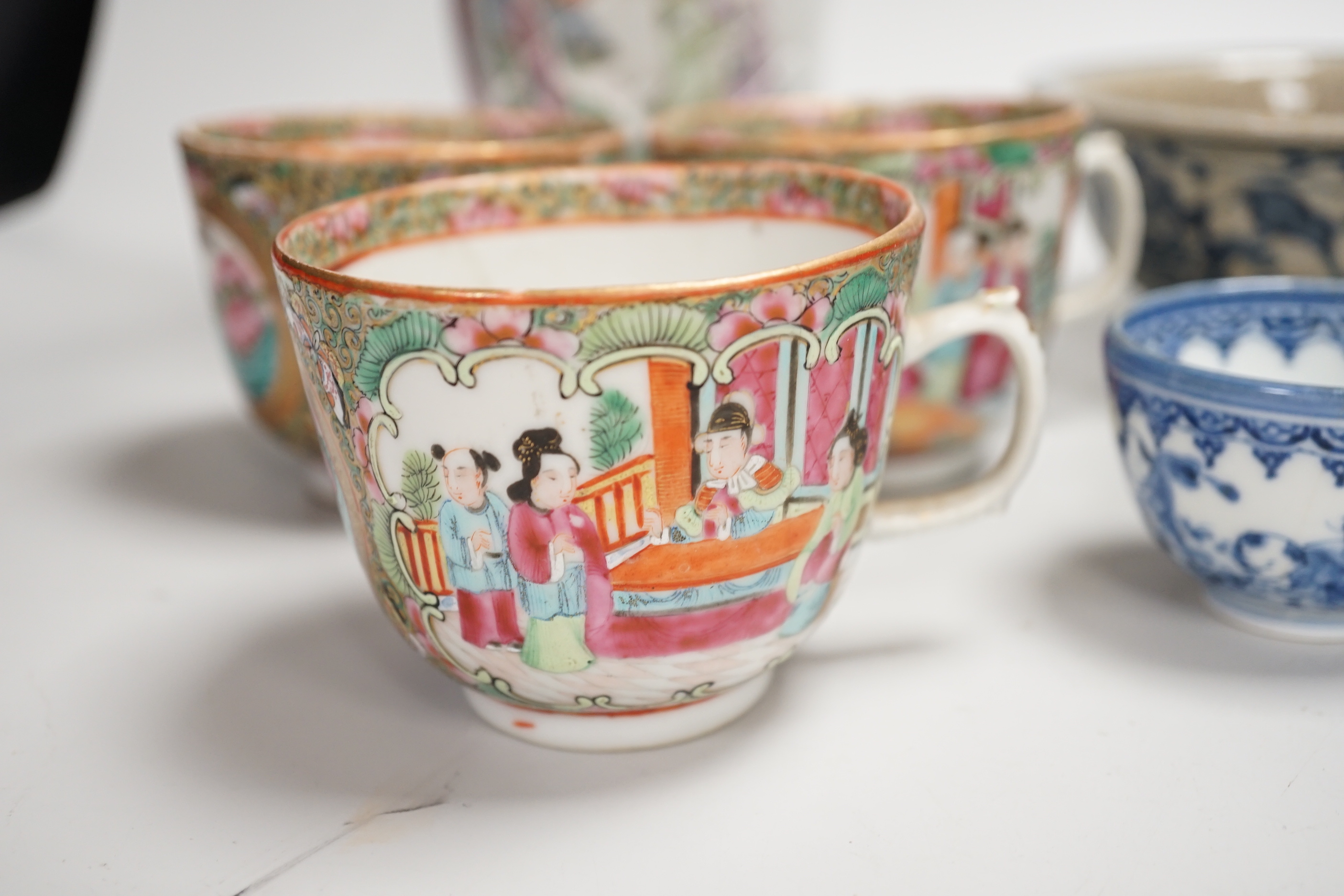 Chinese and Japanese ceramics including Canton cups and blue and white tea bowl, the largest 25cm high